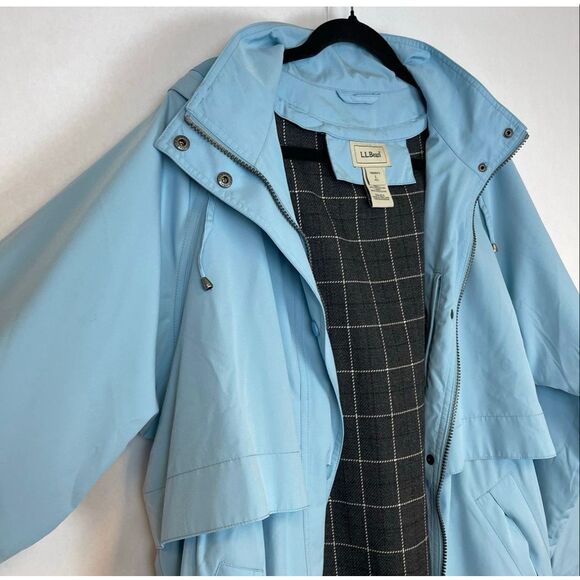 L.L. BEAN Women Trench Coat Large Petite Blue Hooded Long Rain Jacket Wool Lined - Picture 9 of 13